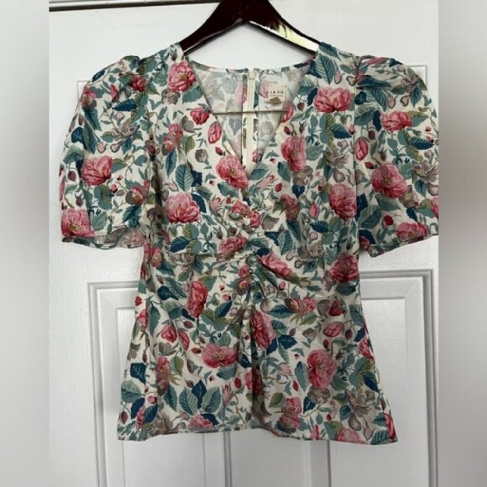 Rebecca Taylor La Vie Women's Painted Garden Puff Sleeves V-Neck Top Size XS